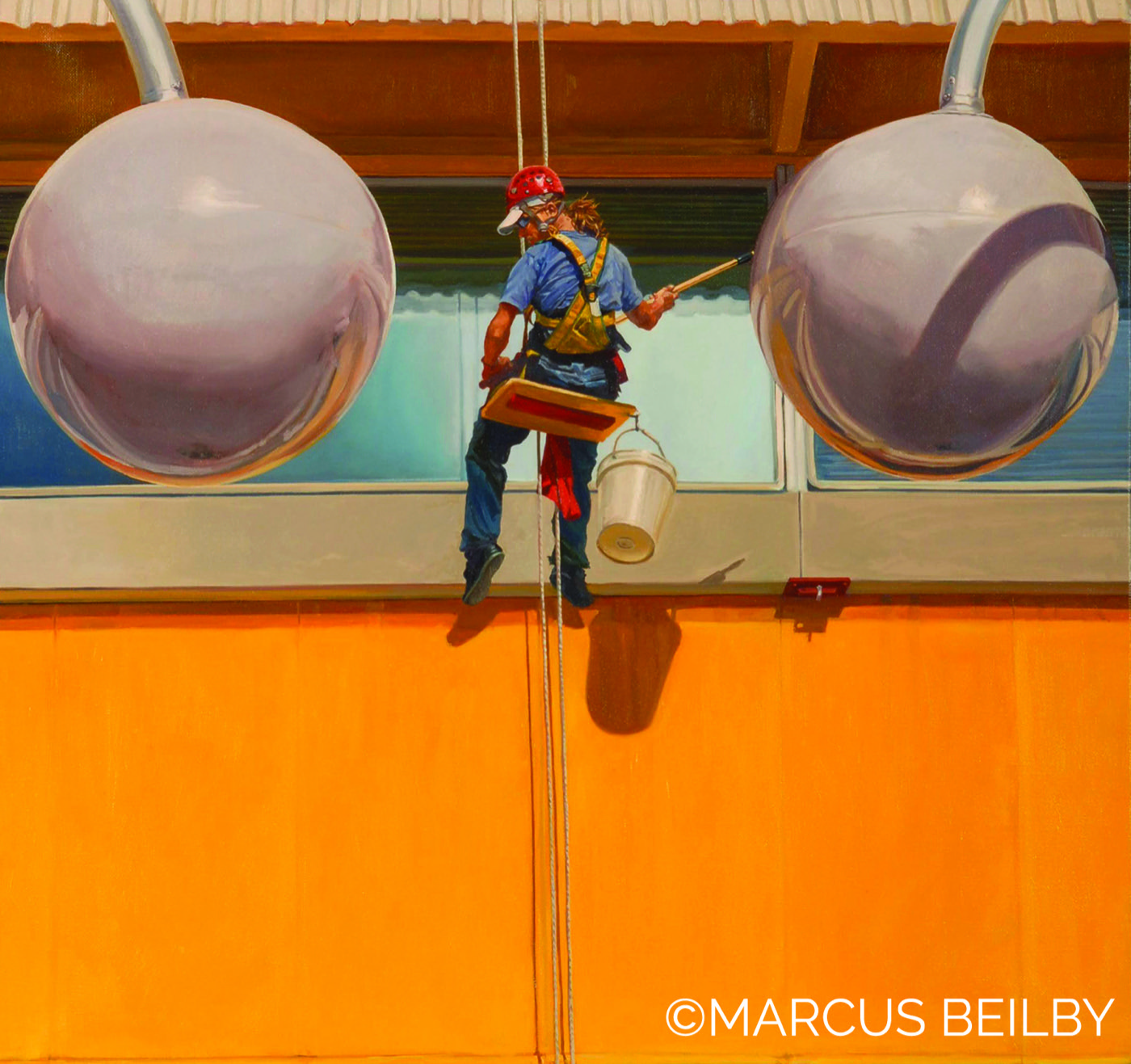 Hanging high 2005, an urban painting by Australian realist Marcus Beilby