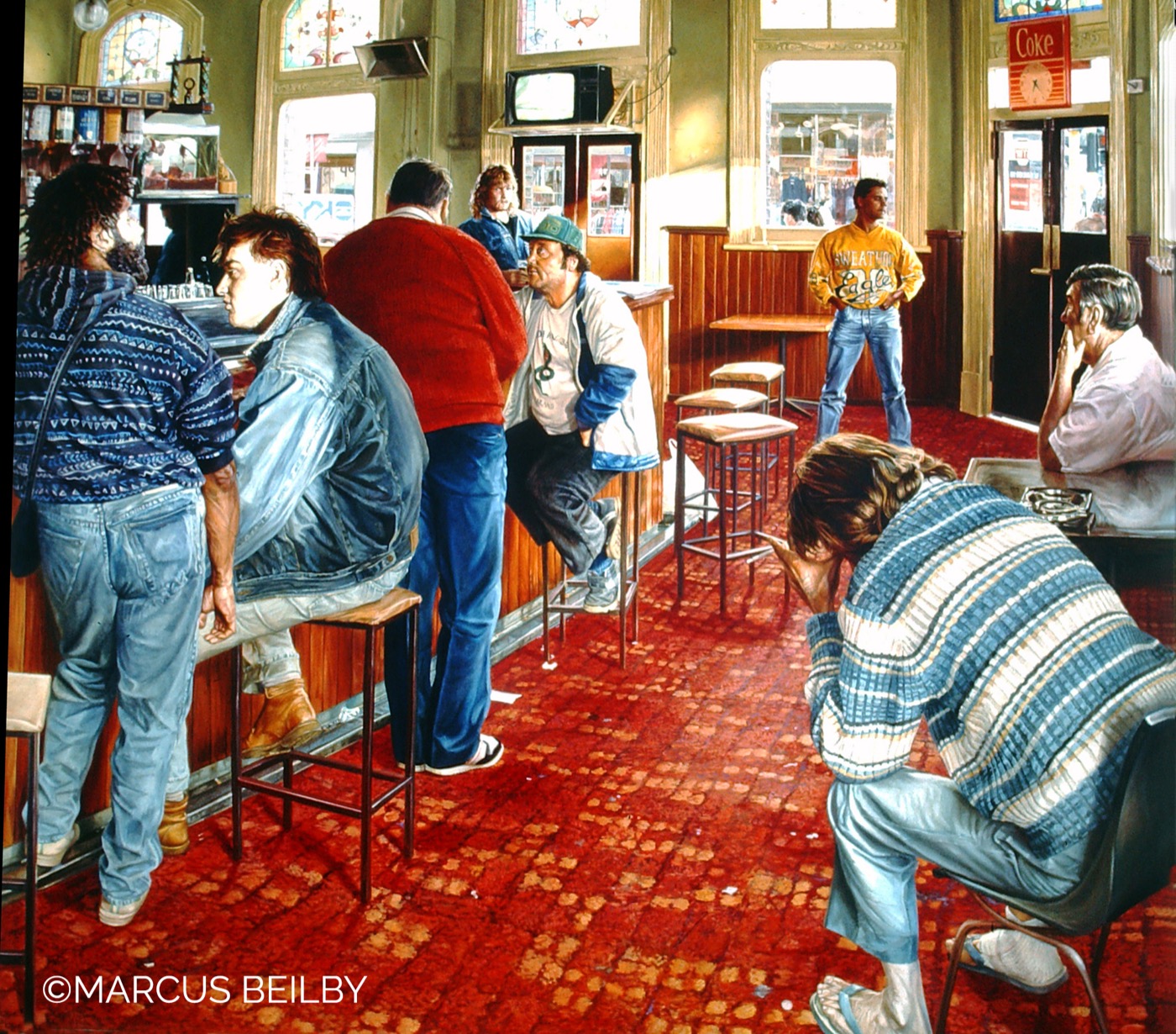 Happy hour at the National 1990, an urban painting by Australian realist Marcus Beilby