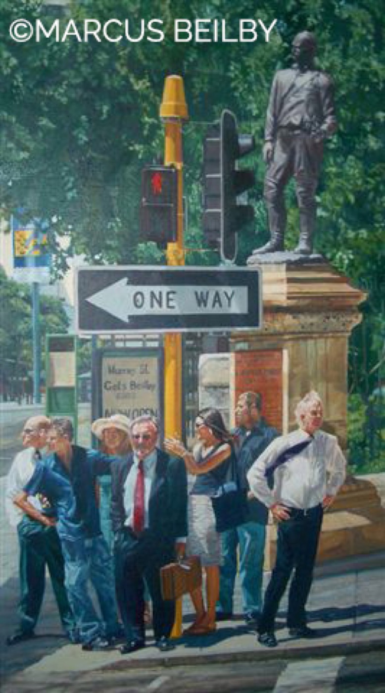 In the footsteps of the Pioneers 2004, an urban painting by Australian realist Marcus Beilby