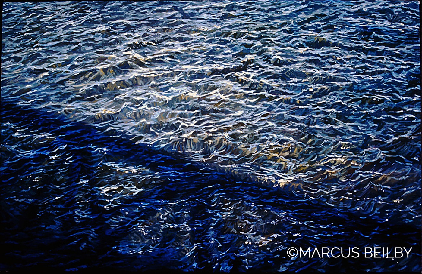 In the shadow of the bridge 1995, a seascape painting by Australian realist Marcus Beilby