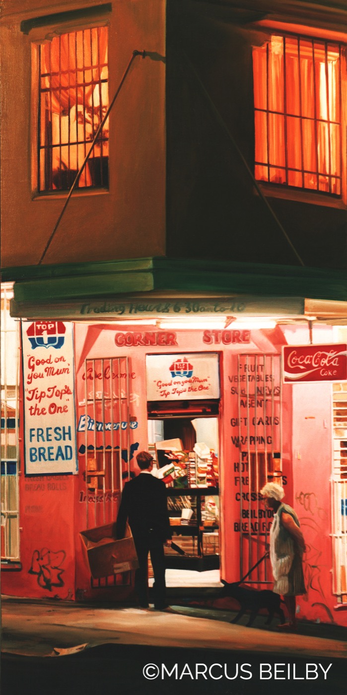 Late night shopping 2001, an urban painting by Australian realist Marcus Beilby