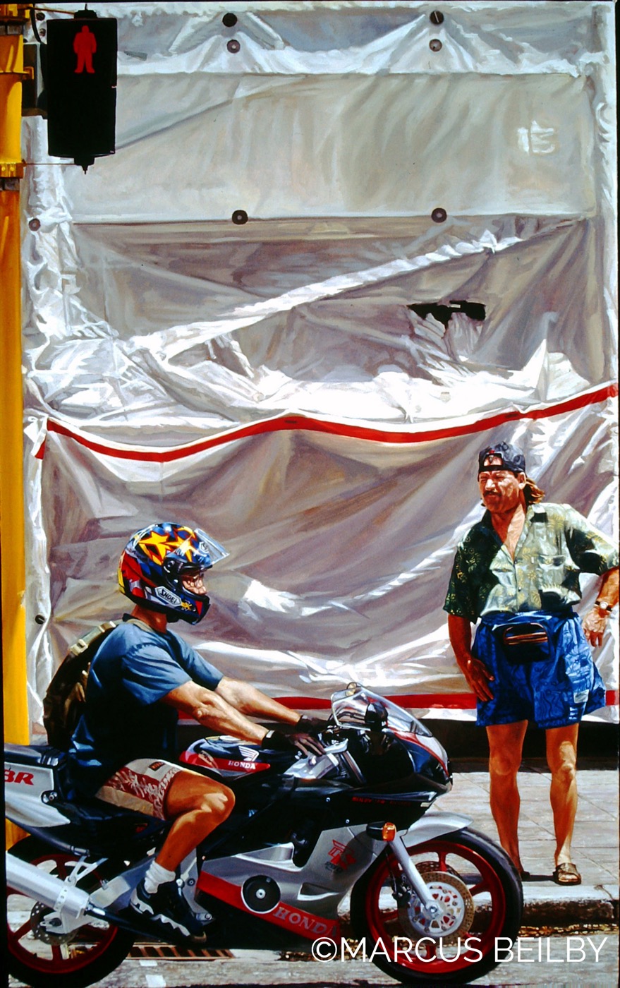 Life in the Fast Lane 2000, an urban painting by Australian realist Marcus Beilby