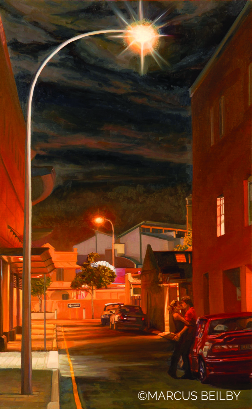 Meanwhile out the back of the Mexican restaurant 2006, an urban painting by Australian realist Marcus Beilby