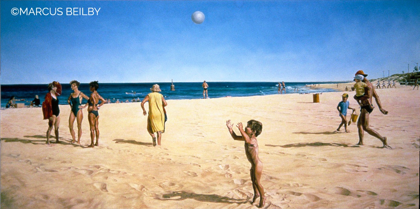 On the beach 1988, a seascape painting by Australian realist Marcus Beilby