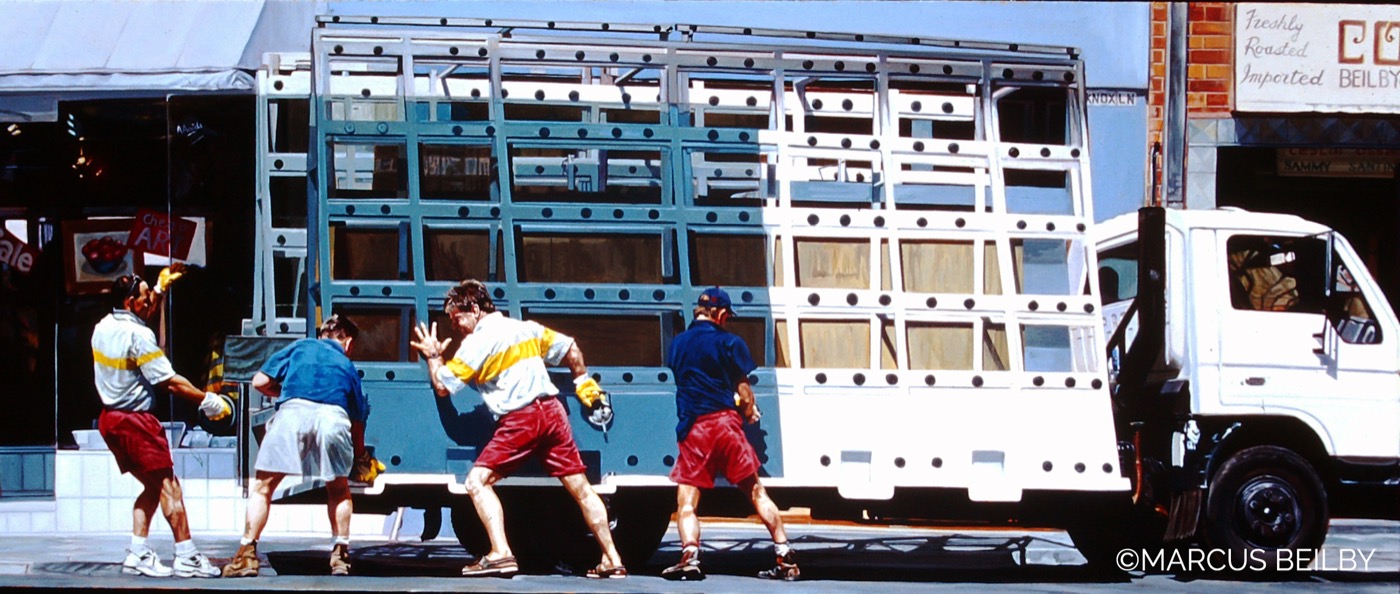 The Art of Moving 1995, an urban painting by Australian realist Marcus Beilby