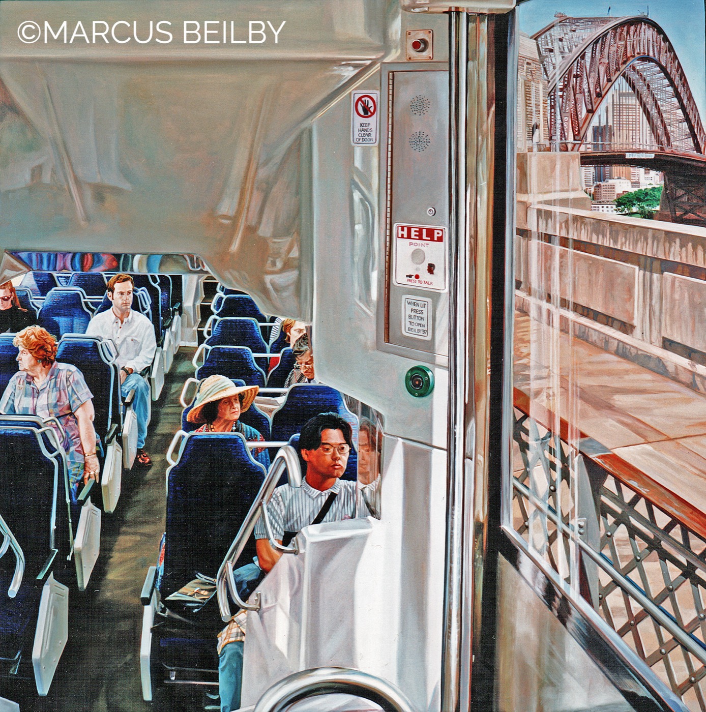 The commuter’s daydream 1994, an urban painting by Australian realist Marcus Beilby