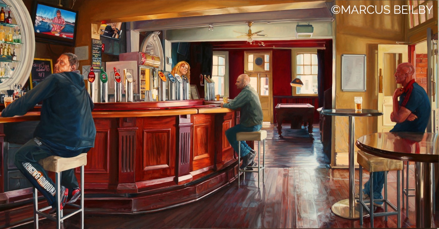 The Early Openers 2015, an urban painting by Australian realist Marcus Beilby