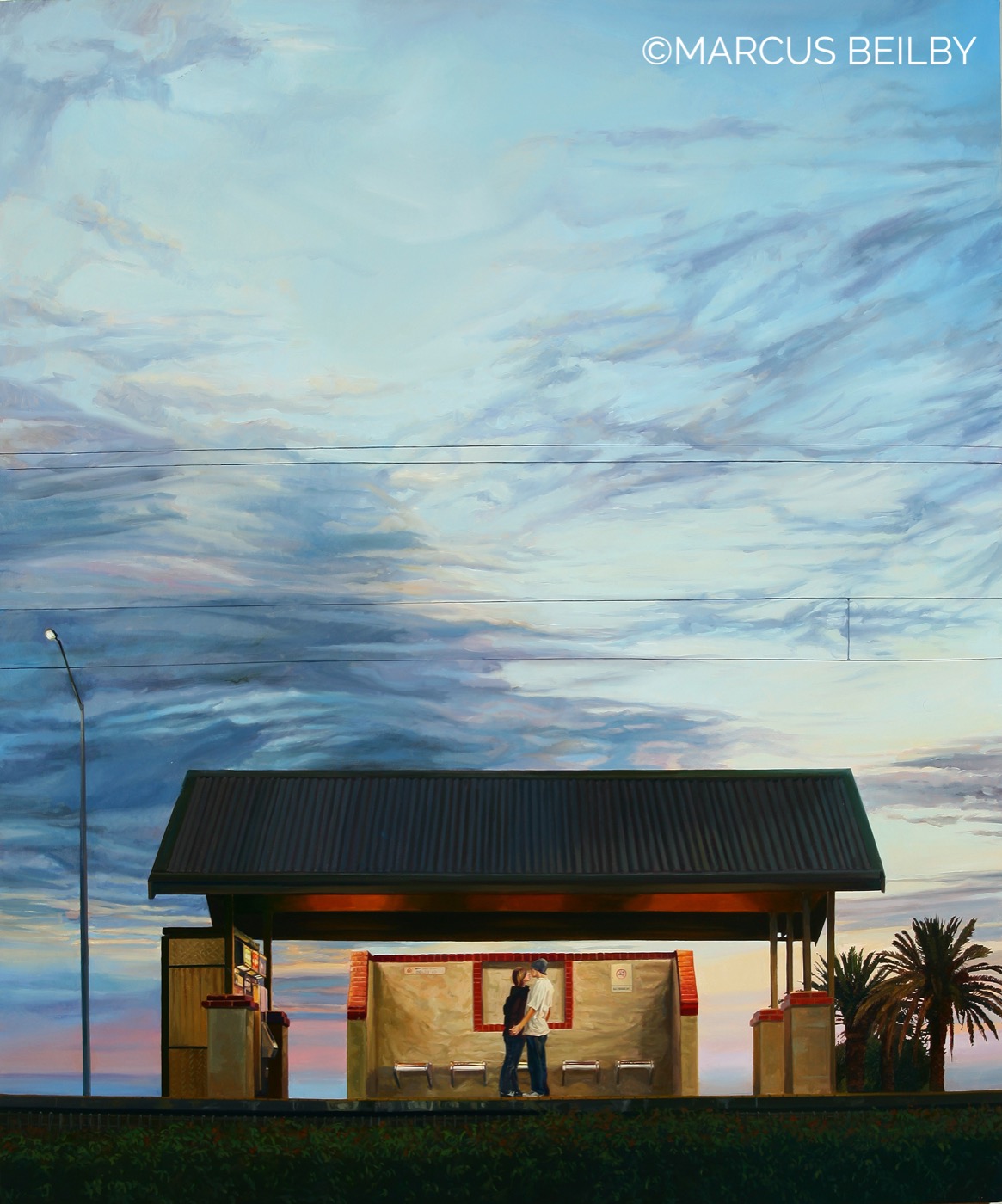The Kiss 2010, an urban painting by Australian realist Marcus Beilby