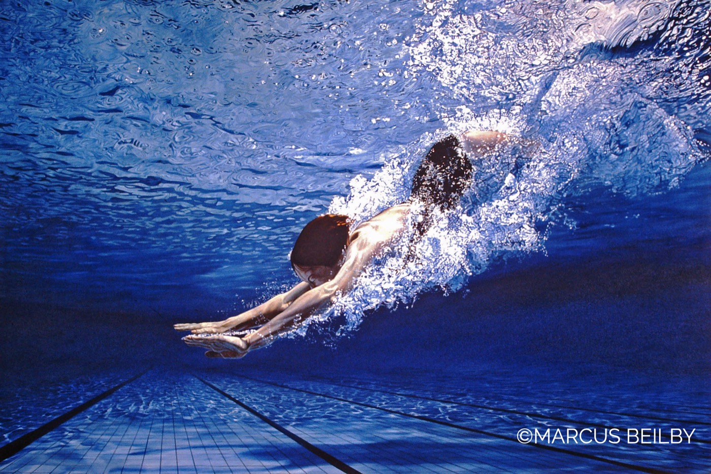 The Loneliness of the Long Distance Swimmer 1981, a seascape painting by Australian realist Marcus Beilby
