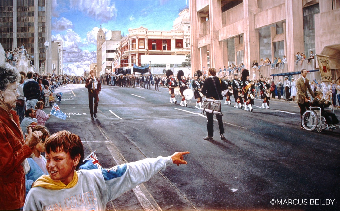 The March of the Survivors 1988, an urban painting by Australian realist Marcus Beilby
