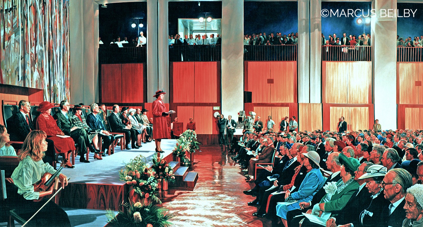 The Queen opening the new Parliament House 1994, a portrait painting by Australian realist Marcus Beilby