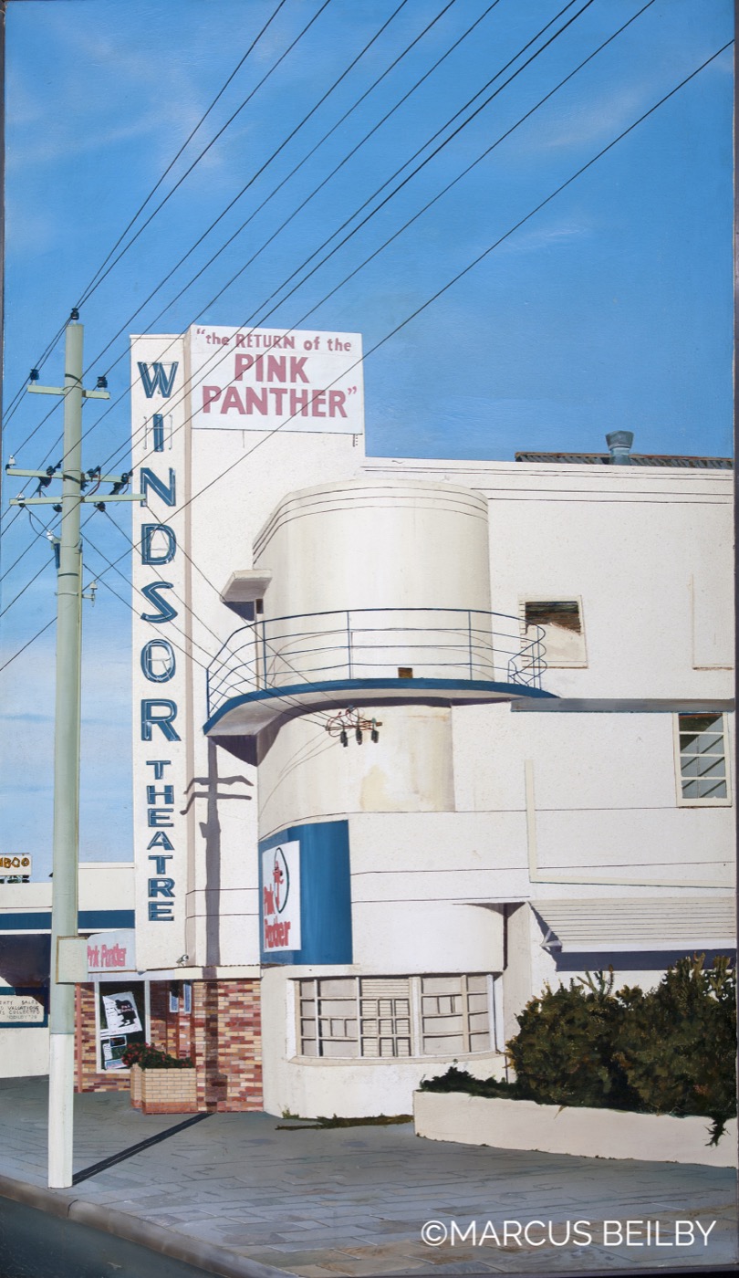 The Return of the Pink Panther 1975, an urban painting by Australian realist Marcus Beilby