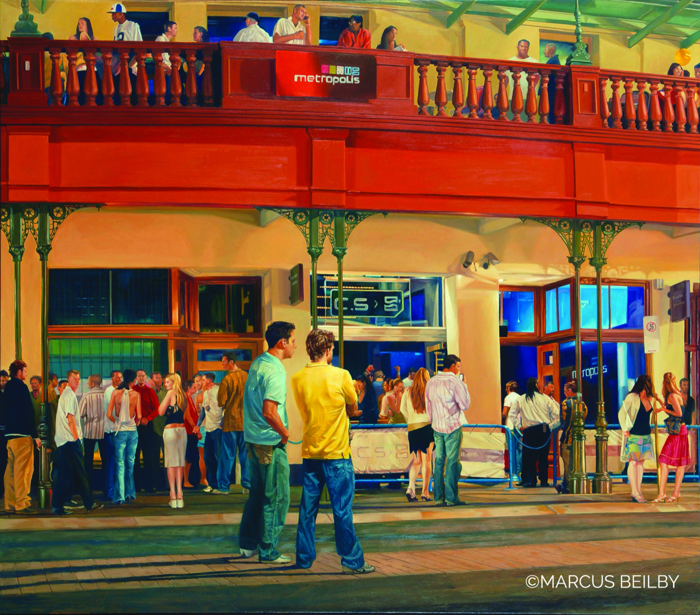 The VIP line 2005, an urban painting by Australian realist Marcus Beilby