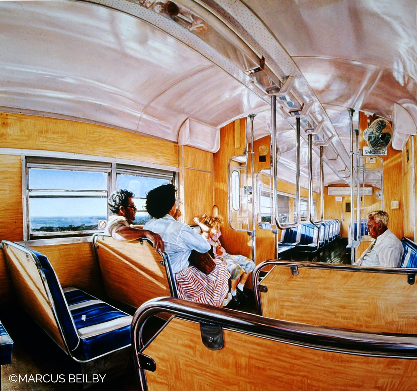 Travelling into the Future 1987, an urban painting by Australian realist Marcus Beilby