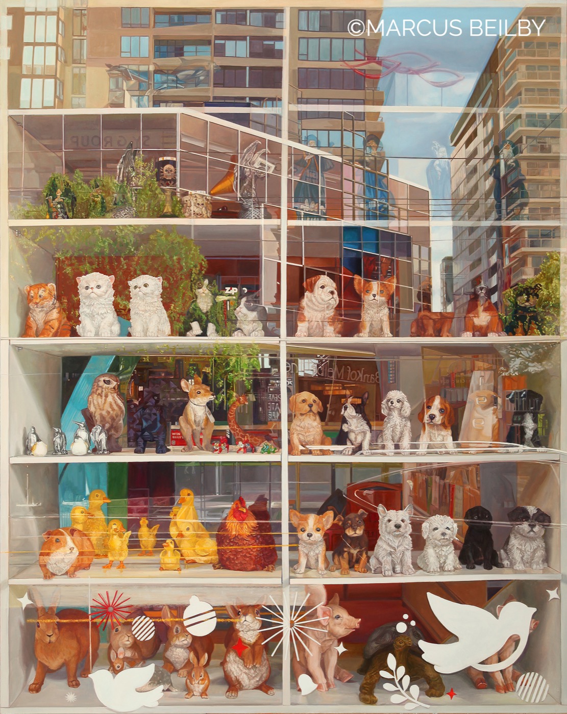Window Menagerie, an urban painting by Australian realist Marcus Beilby