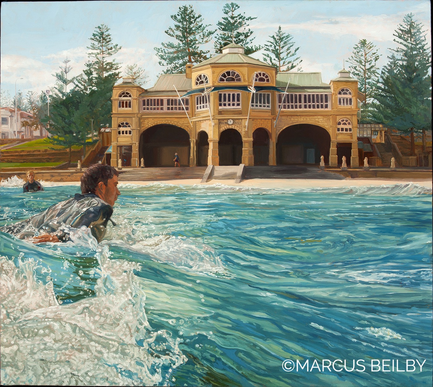 Winter surf at the teahouse 2013, a seascape painting by Australian realist Marcus Beilby